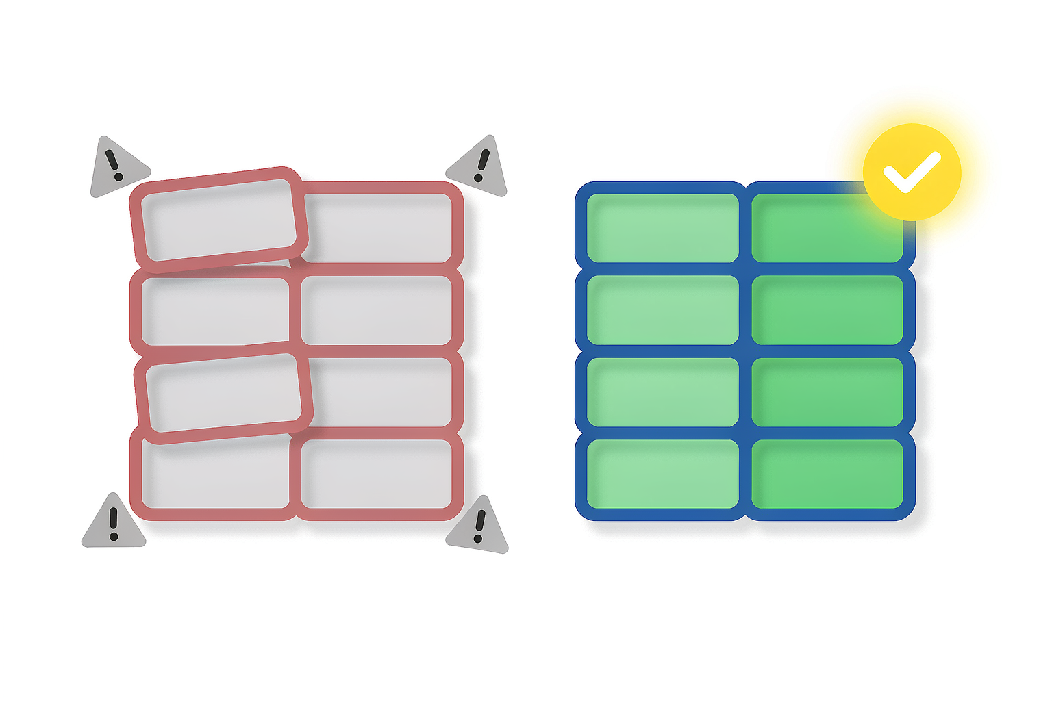 Side-by-side illustration of a collapsed, misaligned table versus a cleanly aligned spreadsheet grid